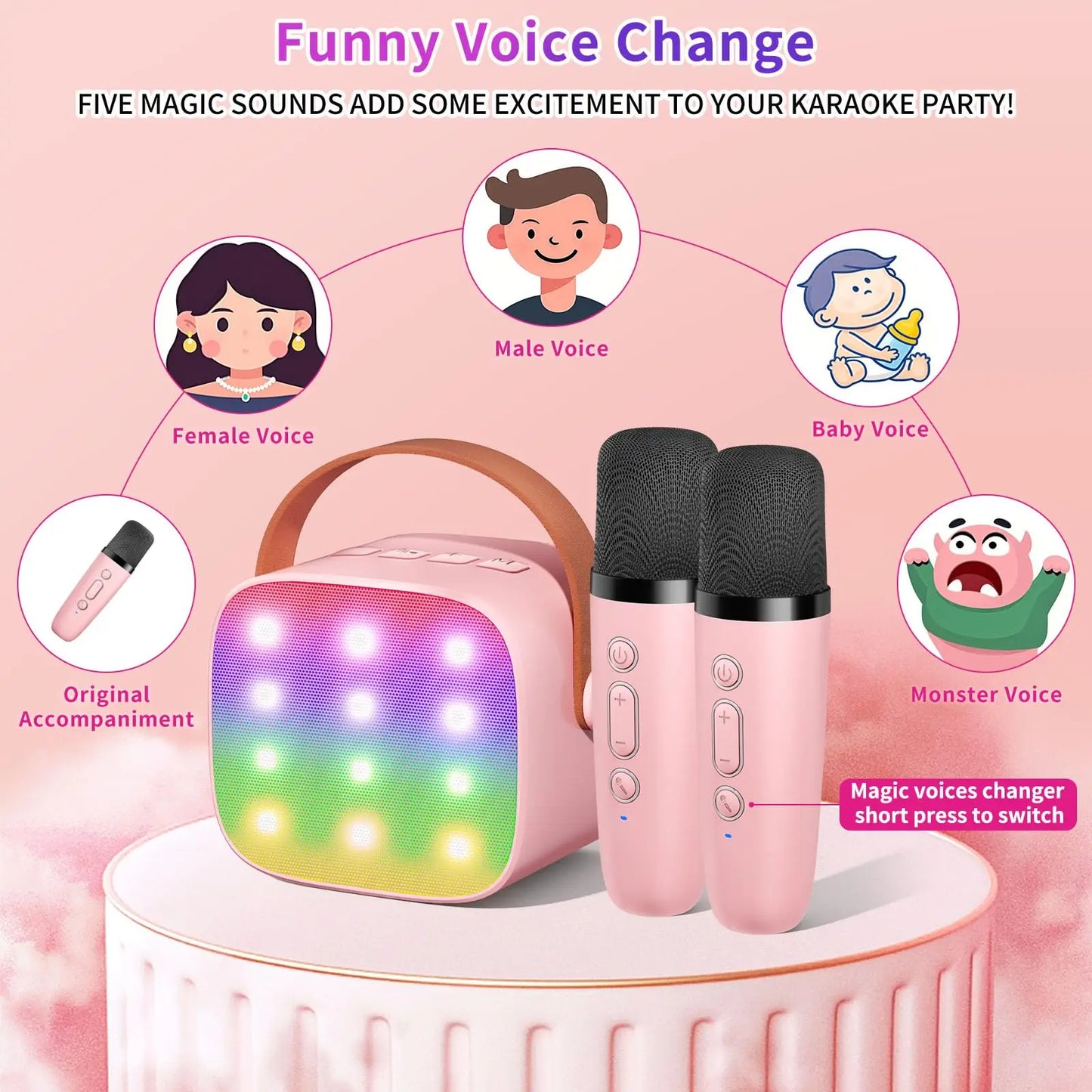 Mini Karaoke Machine Portable Bluetooth 5.3 PA Speaker with 2 Wireless Microphones for Home Family Singing Gift K12