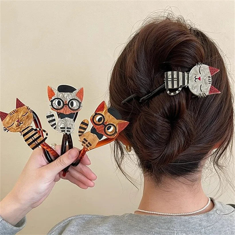 Cute Cartoon Cat Twist Hair Clips Girls Acrylic Pearl Hair Claw Crab Barrettes Hairpin Hairgrip Women Fashion Hair Accessories